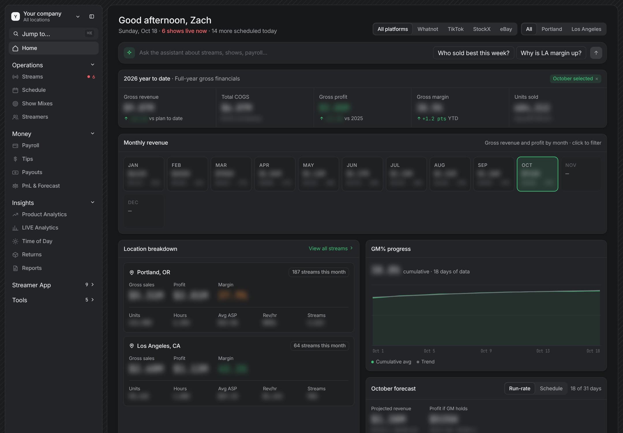 Operations dashboard: year-to-date financials, monthly revenue, location breakdown and forecast on one screen